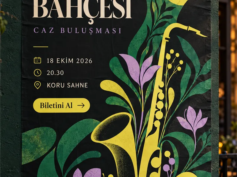 Yağmurlu bir caddede ışıklı açık hava panosunda sergilenen Gece Bahçesi Caz Buluşması afiş tasarımı.