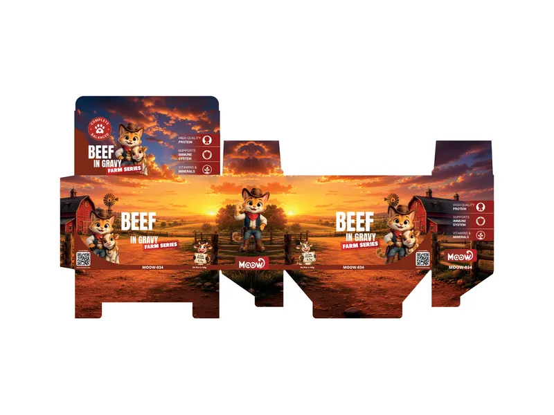 Moow Beef in Gravy kedi maması için çiftlik temalı ve kovboy kedi illüstrasyonlu ambalaj bıçak izi açınımı.