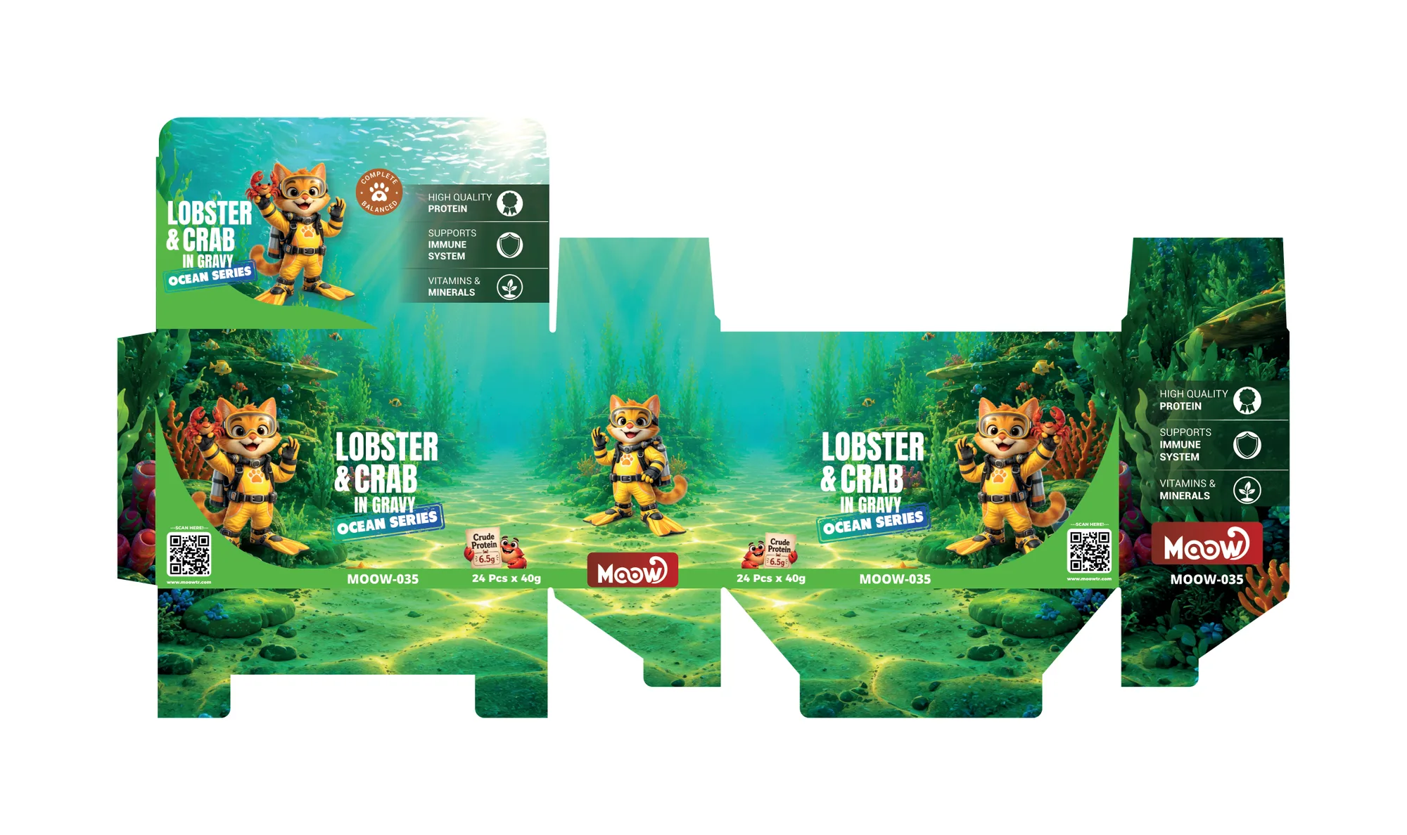 Moow Lobster and Crab in Gravy kedi maması için hazırlanmış dalgıç kedi illüstrasyonlu su altı temalı kutu ambalaj açınımı.