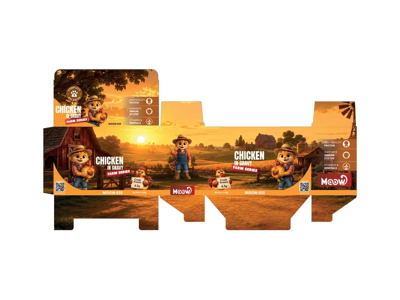 Moow Farm Series tavuklu kedi maması ambalajı için hazırlanan çiftlik illüstrasyonlu kutu bıçak izi tasarımı açılımı.
