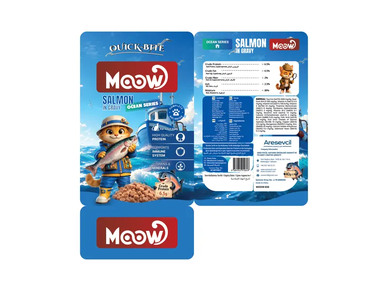 Moow Quick-Bite Ocean Series somonlu yaş kedi maması için hazırlanan ambalaj ve illüstrasyon tasarımı.