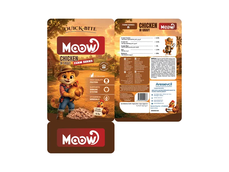 Moow Farm Series tavuklu yaş kedi maması ambalajının çiftçi kedi illüstrasyonu ve besin değerleri tablosunu içeren baskı şablonu.