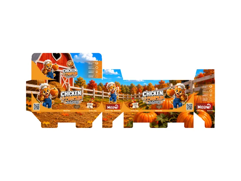 Moow Chicken and Pumpkin yaş kedi maması için aşçı kedi maskotu ve balkabağı çiftliği illüstrasyonlu kutu ambalaj açınımı.