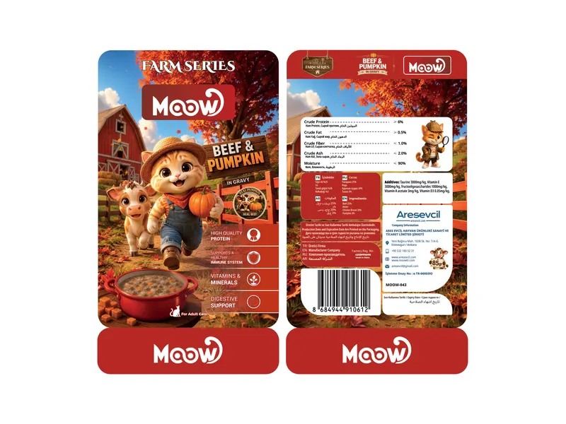 Moow Farm Series sığır etli ve bal kabaklı yaş kedi maması ambalajının çiftlik temalı ön ve arka yüz tasarımı.