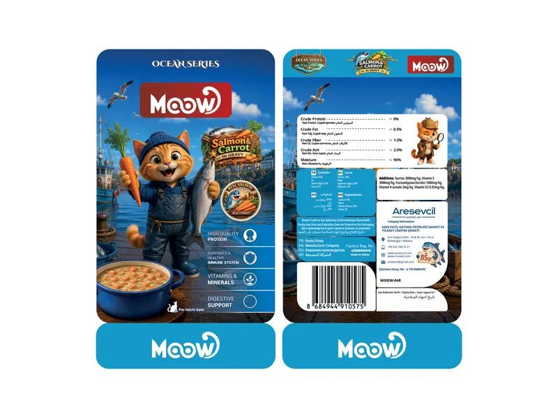 Moow Ocean Series somon ve havuçlu yaş kedi maması poşet ambalajının ön ve arka yüz tasarımı.