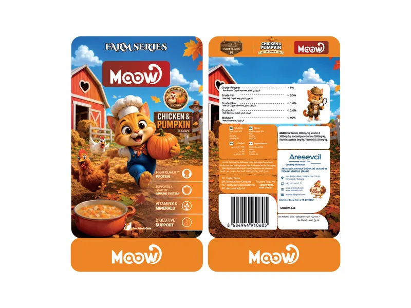 Moow Farm Series balkabaklı ve tavuklu kedi yaş maması ön ve arka ambalaj tasarımı.