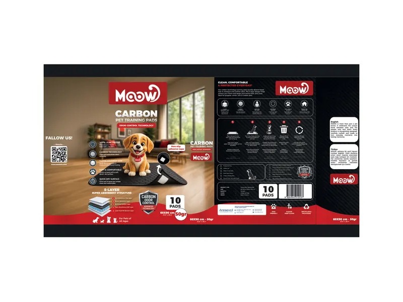 Moow markasına ait Carbon Pet Training Pads ambalajının ön ve arka yüzey yerleşim tasarımı.