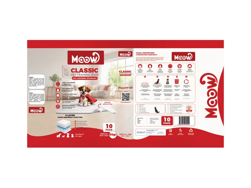 Moow Classic Pet Training Pads için kırmızı ve beyaz renklerde hazırlanan evcil hayvan eğitim pedi ambalaj tasarımı açınımı.