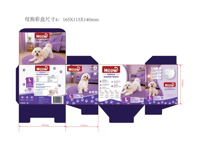Moow dişi köpek hijyen bezi için hazırlanan mor tonlardaki kutu ambalajı bıçak izi açınımı.