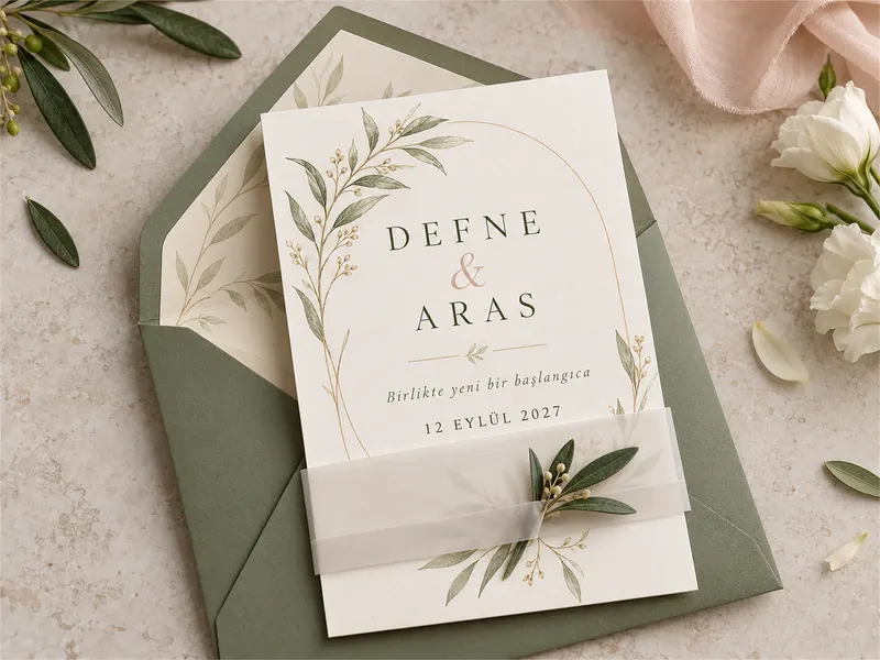 Adaçayı yeşili zarf, aydınger kuşak ve zeytin dalı illüstrasyonlu Defne ve Aras düğün davetiyesi tasarımı.