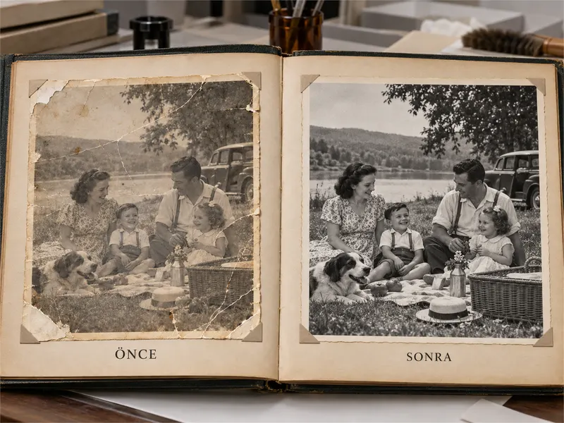 Eski bir fotoğraf albümünün sayfalarında restorasyon öncesi yıpranmış ve restorasyon sonrası temizlenmiş aile fotoğraflarının karşılaştırmalı sunumu.