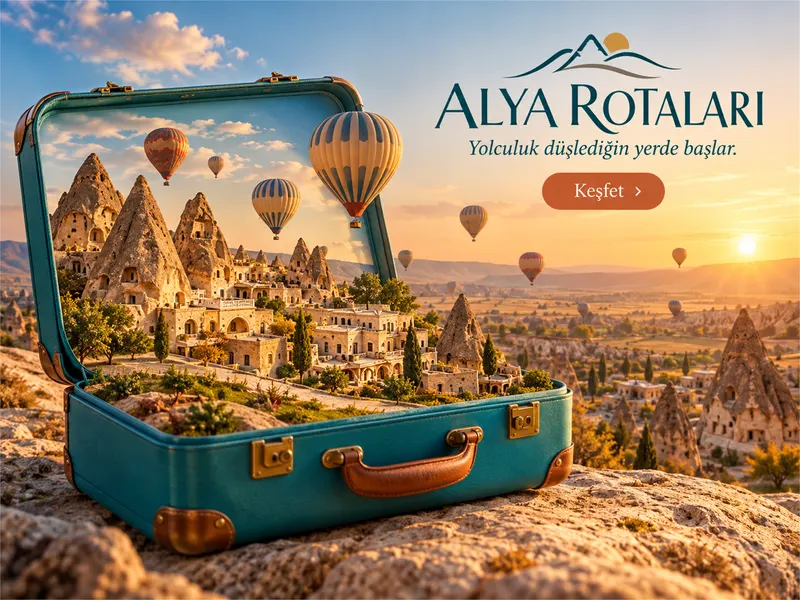Kapadokya peri bacaları ve sıcak hava balonlarının turkuaz renkli bir bavul içine yerleştirildiği sürreal fotoğraf montajı kampanya görseli.