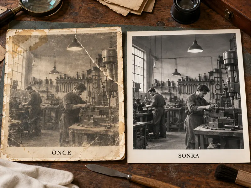 Ahşap çalışma masası üzerinde sergilenen, tarihi atölye fotoğrafının yıpranmış hali ile restore edilmiş temiz halini gösteren karşılaştırmalı baskı.