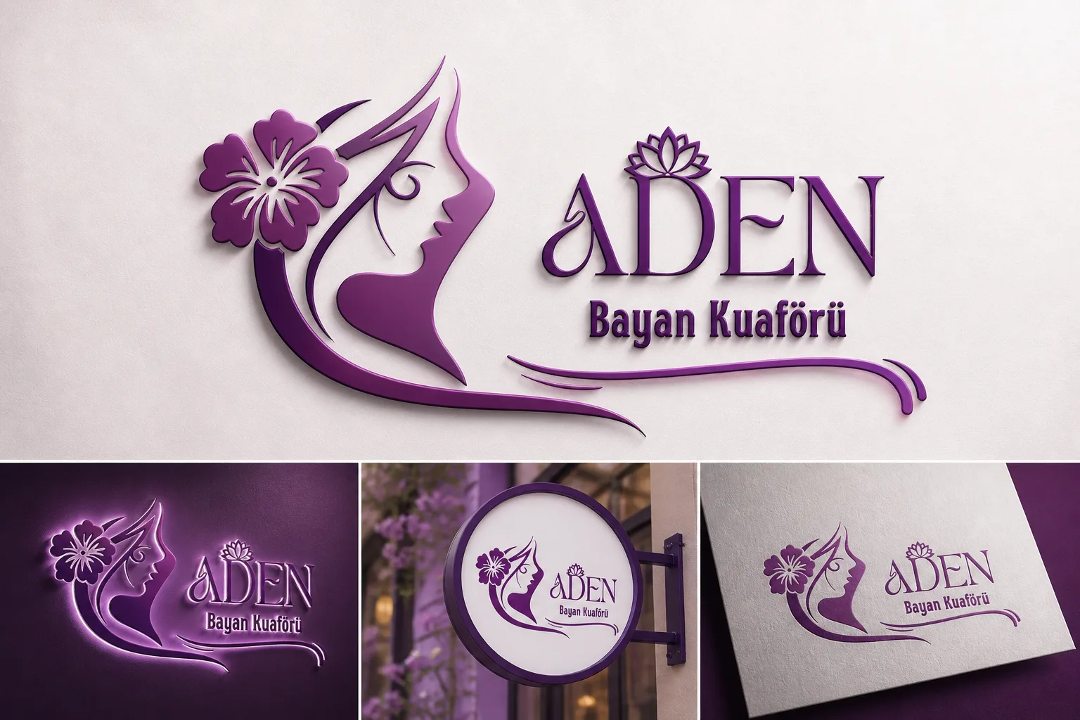 Aden Bayan Kuaförü için mor renkli kadın silueti ve çiçek motifli logonun tabela ve kurumsal mockup sunumu.
