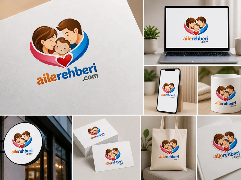 ailerehberi.com logosunun dijital ekranlar, tabela, kupa ve kırtasiye ürünleri üzerindeki kurumsal kimlik sunumu.