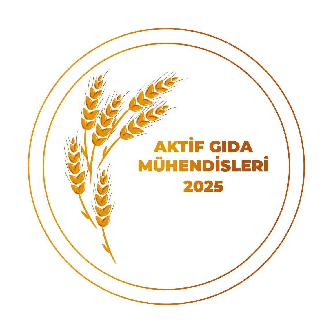 Beyaz zemin üzerinde altın sarısı buğday başakları ve Aktif Gıda Mühendisleri 2025 yazısını içeren dairesel logo tasarımı.