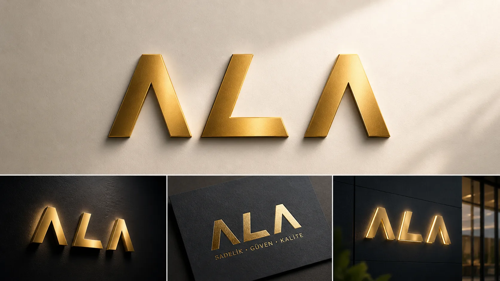 Açık ve koyu zeminler üzerinde altın kabartmalı Ala logo tasarım sunumu.