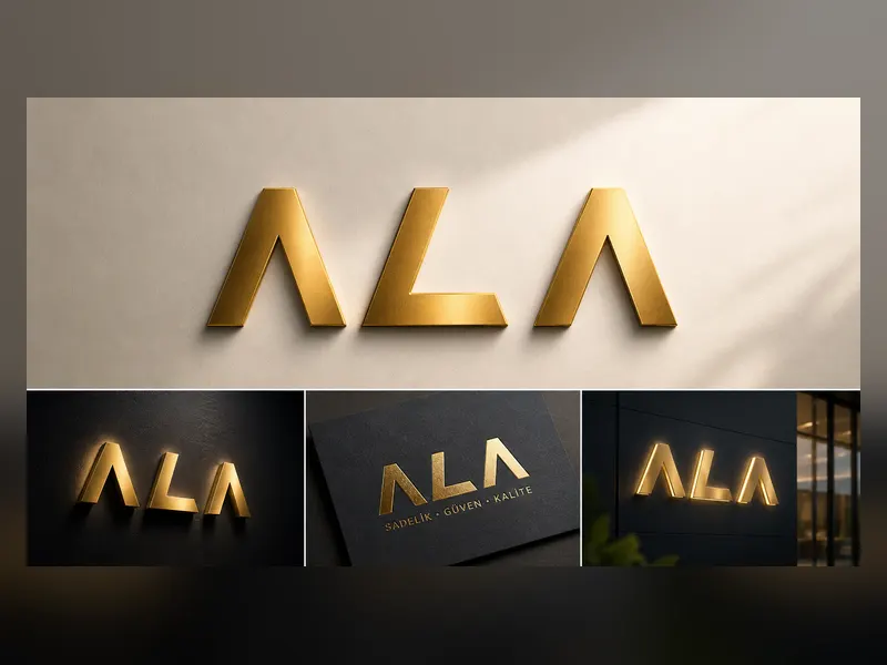 Açık ve koyu zeminler üzerinde altın kabartmalı Ala logo tasarım sunumu.