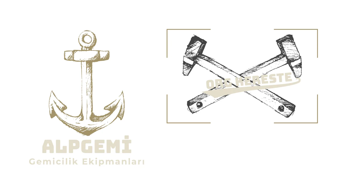 AlpGemi Gemicilik Ekipmanları için el çizimi tarzında tasarlanmış çapa logolu kurumsal logo çalışması.