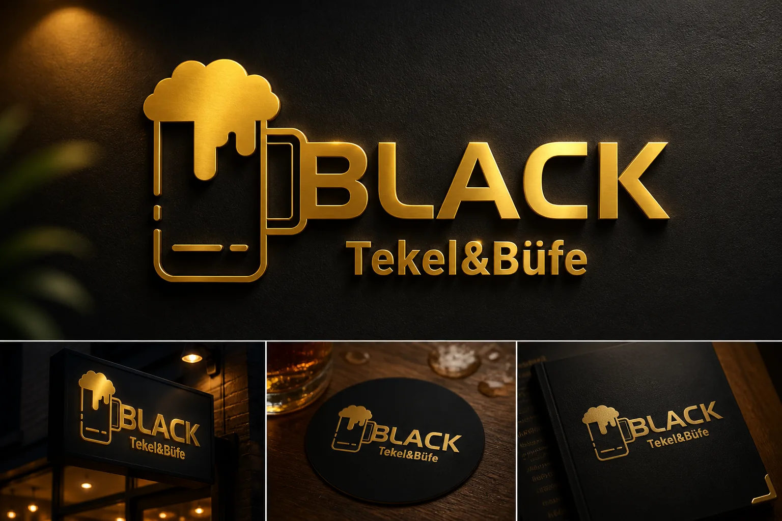Siyah dokulu zemin üzerinde altın varak efektli Black Tekel & Büfe kabartma logosu ve tabela sunumu.