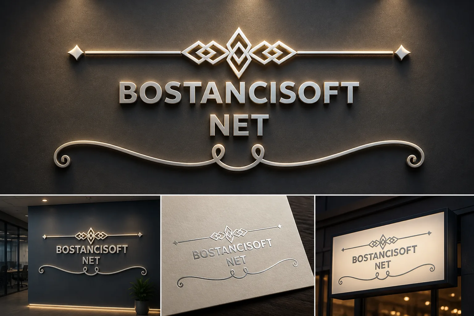 Koyu zemin üzerinde kabartmalı altın ve gümüş detaylara sahip BostancıSoft logo tasarımı ve tabela uygulaması mockup'ı.