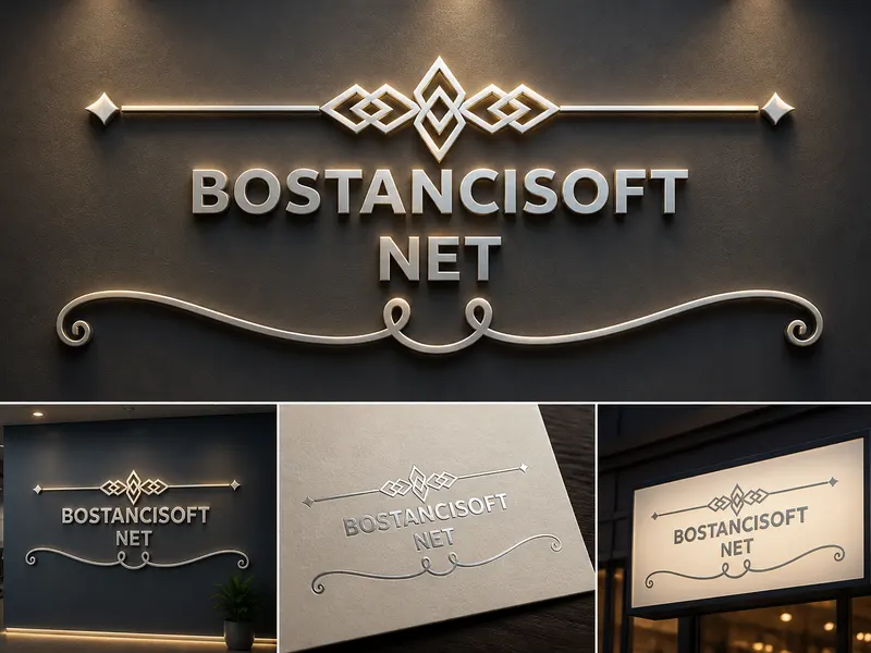 Koyu zemin üzerinde kabartmalı altın ve gümüş detaylara sahip BostancıSoft logo tasarımı ve tabela uygulaması mockup'ı.