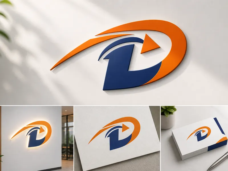 Dijital Haklar Derneği için tasarlanan D formundaki kurumsal logo ve ofis tabelası mockup sunumu.