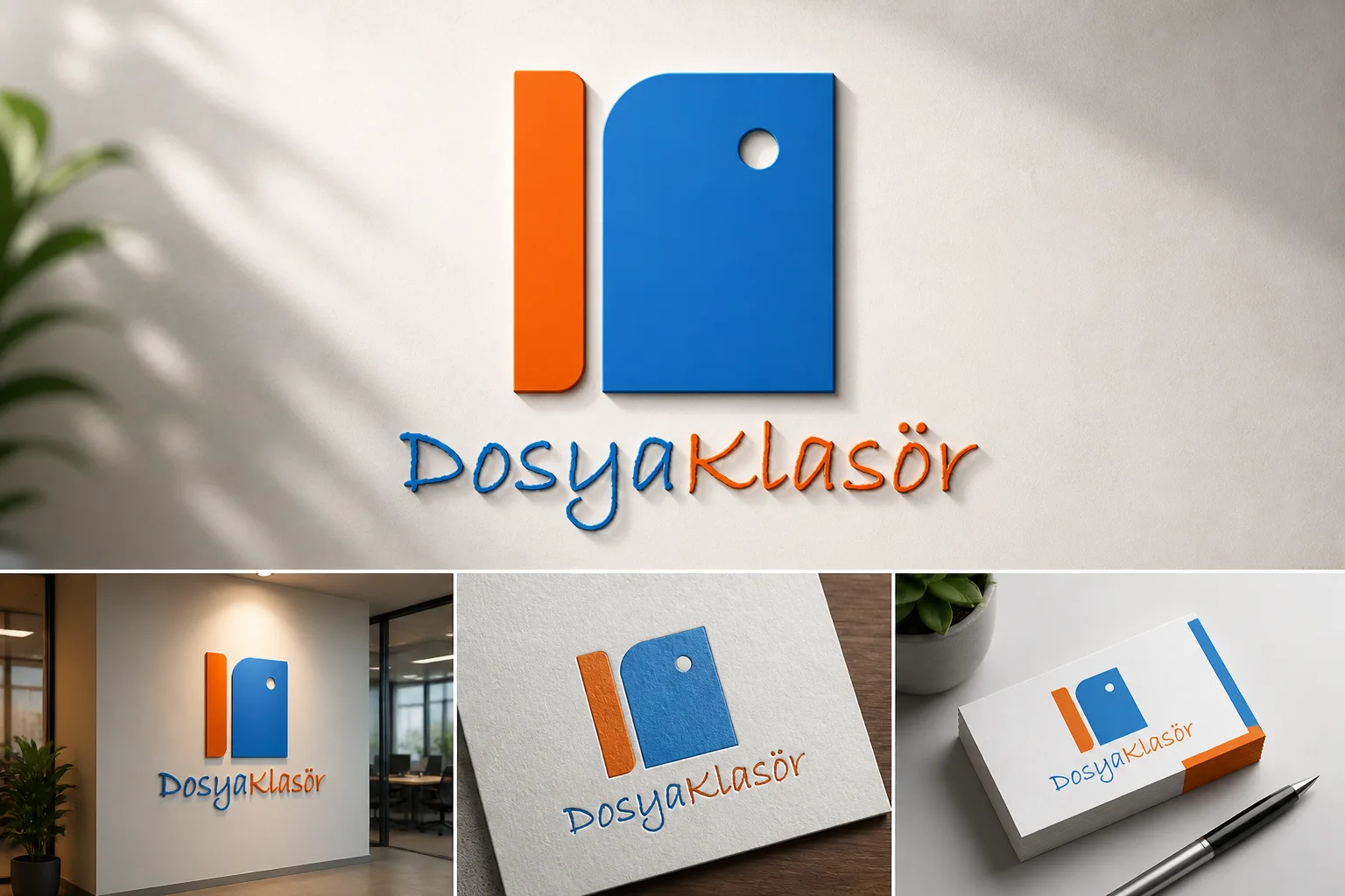 DosyaKlasör markasına ait mavi ve turuncu klasör ikonlu logonun duvar tabelası ve kartvizit mockup sunumu.