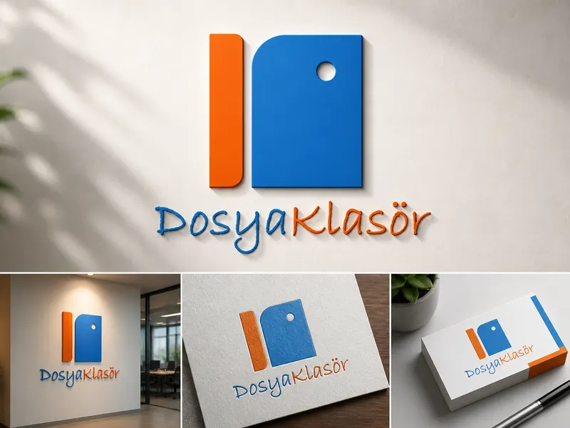 DosyaKlasör markasına ait mavi ve turuncu klasör ikonlu logonun duvar tabelası ve kartvizit mockup sunumu.