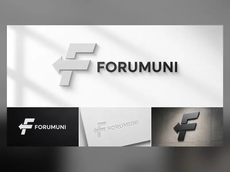 Farklı zeminler ve duvar üzerinde sergilenen F harfi ve ok simgeli Forumuni logo tasarımı sunumu.