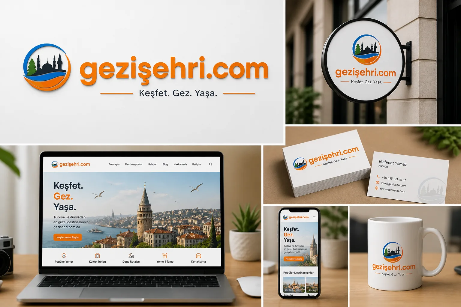 gezisehri.com logo tasarımının web sitesi, mobil arayüz, tabela, kupa ve kartvizit üzerindeki kurumsal kimlik sunumu.