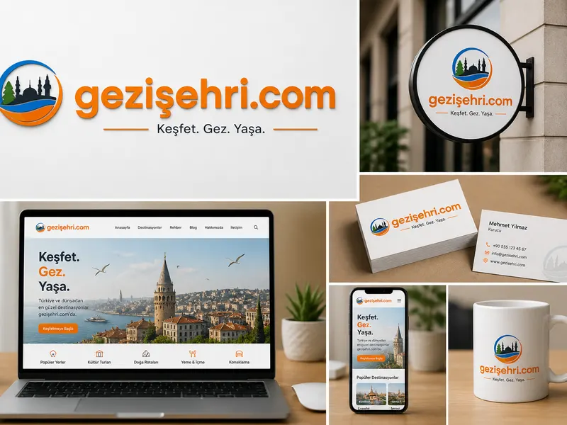 gezisehri.com logo tasarımının web sitesi, mobil arayüz, tabela, kupa ve kartvizit üzerindeki kurumsal kimlik sunumu.