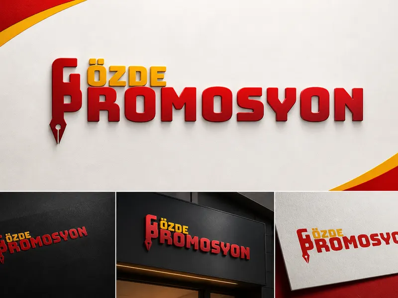 Gözde Promosyon için hazırlanan, dolma kalem ucu formunu içeren kırmızı ve sarı tonlardaki logo tasarımı ve tabela sunumu.