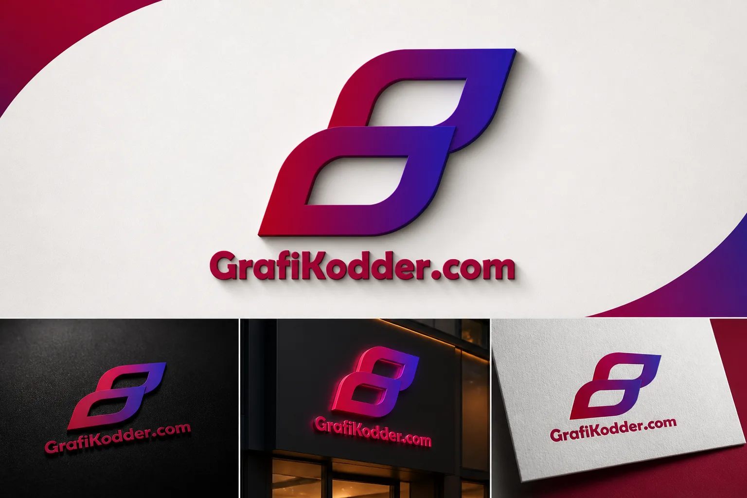 Grafikodder.com markası için hazırlanan gradyan renkli modern logo ve tabela üzerinde üç boyutlu kurumsal kimlik sunumu.