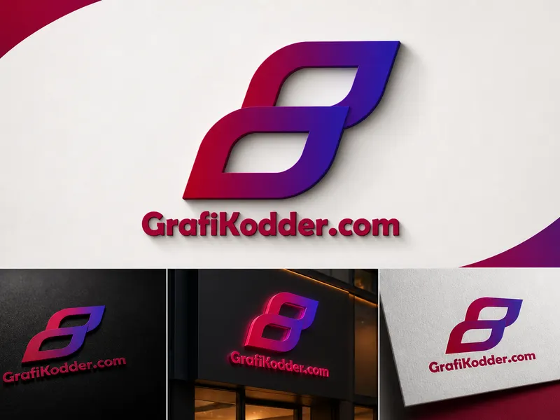 Grafikodder.com markası için hazırlanan gradyan renkli modern logo ve tabela üzerinde üç boyutlu kurumsal kimlik sunumu.