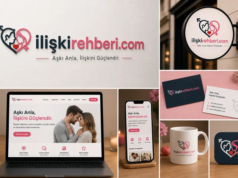 ilişkirehberi.com logosunun tabela, kartvizit, kupa ve ekran arayüzü mockup'ları üzerindeki kurumsal kimlik sunumu.