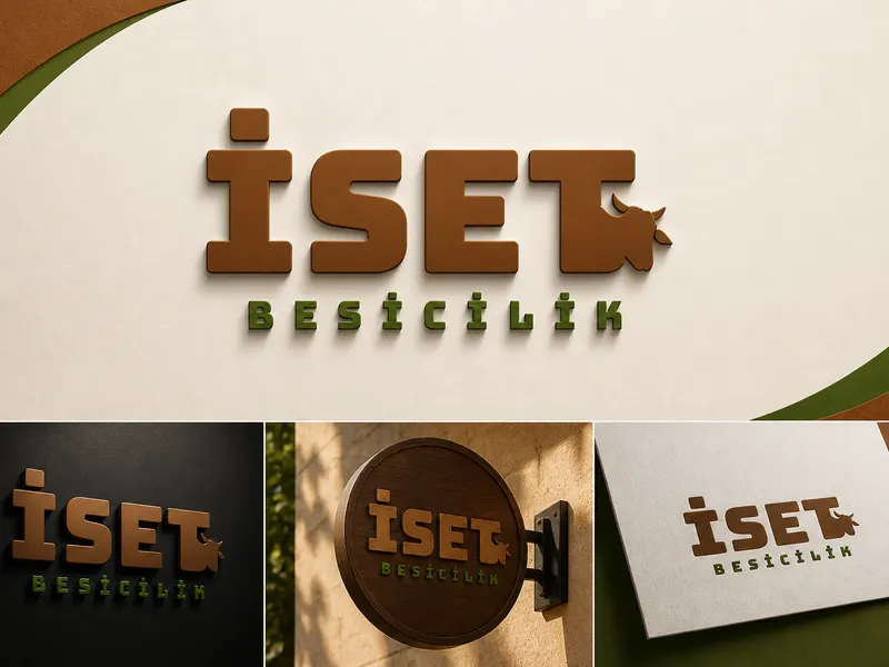 İSET Besicilik için hazırlanan kabartma kahverengi logo tasarımının açık zemin ve farklı tabela mockup uygulamaları.