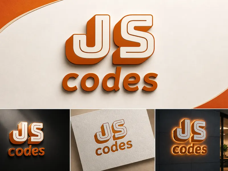 Javascript Codes için hazırlanan üç boyutlu turuncu ve beyaz logo tasarımının farklı zeminlerdeki mockup sunumu.