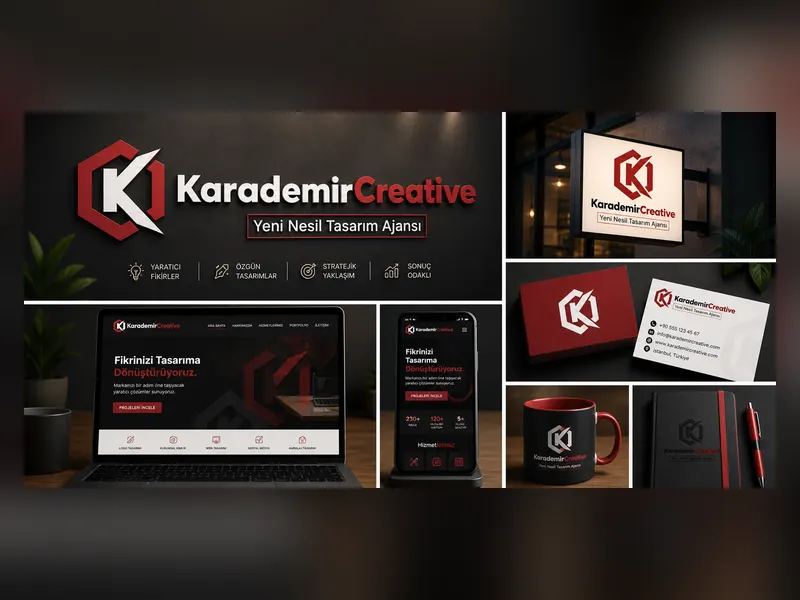 Karademir Creative markası için tasarlanan logo, kartvizit, kupa, tabela ve dijital ekran sunumlarını içeren kurumsal kimlik mockup görseli.