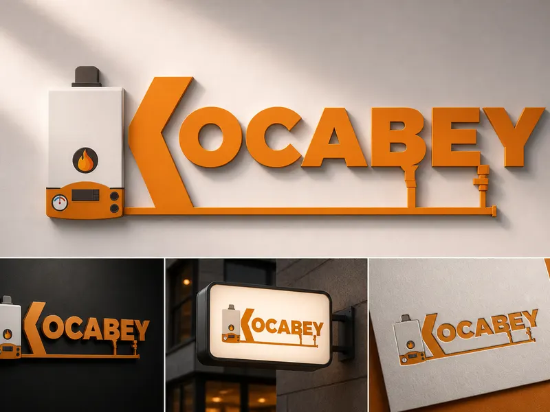 Kocabey yazısı ile kombi ve boru hattı illüstrasyonunun entegre edildiği turuncu 3D duvar logosu ve tabela mockup sunumu.