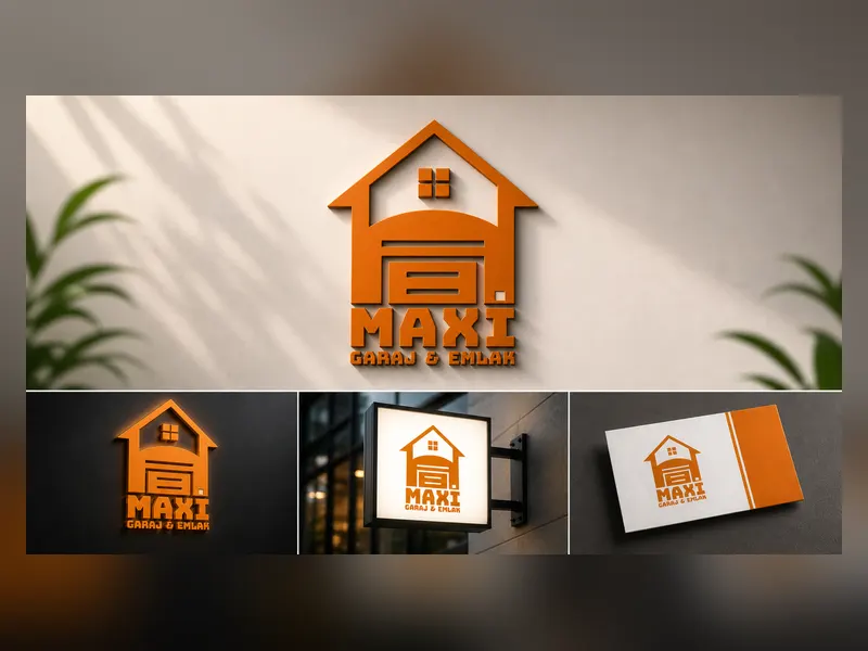 Maxi Garaj ve Emlak markası için tasarlanan turuncu renkli ev ve garaj silüetli logonun duvar, tabela ve kartvizit mockup sunumları.
