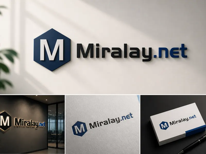 Miralay.net için tasarlanan lacivert altıgen amblemli ve modern tipografili logonun açık renkli duvarda 3D tabela ve kurumsal kimlik mockup sunumu.