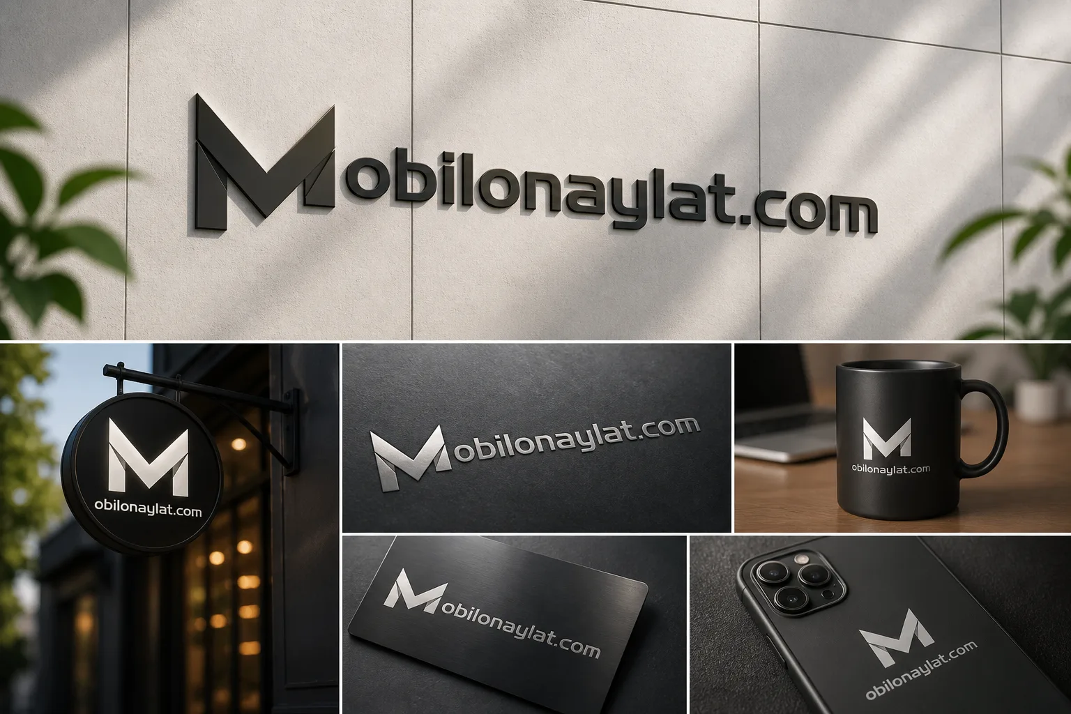 Mobilonaylat.com logosunun duvar panosu, ışıklı tabela, kupa ve telefon kılıfı üzerindeki mockup uygulamaları.