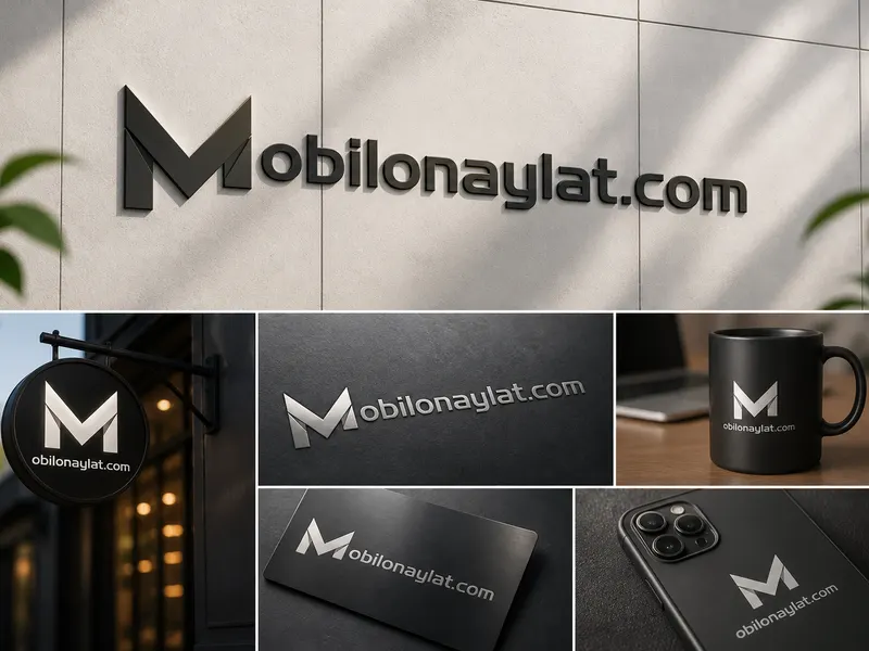 Mobilonaylat.com logosunun duvar panosu, ışıklı tabela, kupa ve telefon kılıfı üzerindeki mockup uygulamaları.