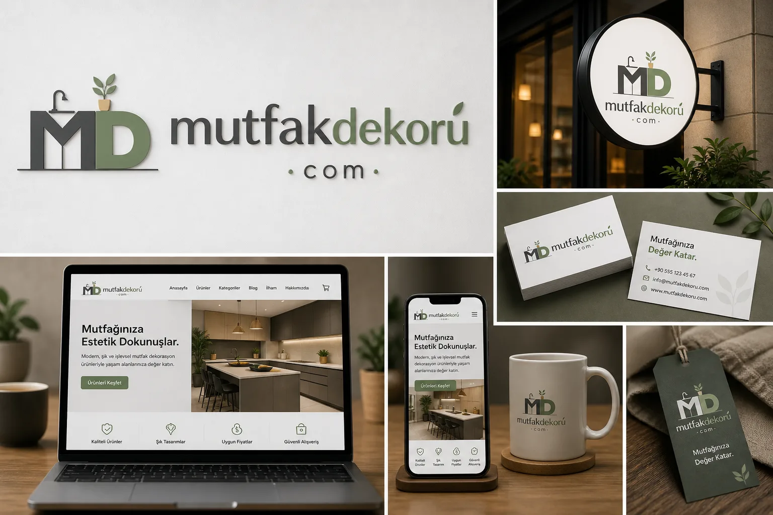 mutfakdekoru.com logosunun dizüstü bilgisayar, akıllı telefon, kartvizit ve tabela üzerindeki kurumsal kimlik sunumu.