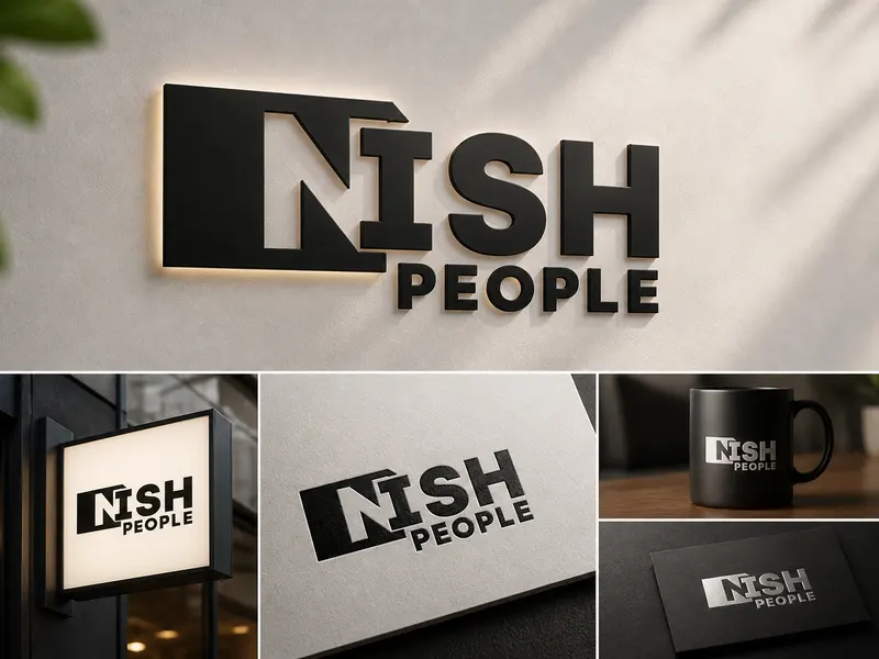 Işıklı tabela, kartvizit ve kupa üzerinde sergilenen siyah beyaz NishPeople logo tasarımı mockup uygulamaları.