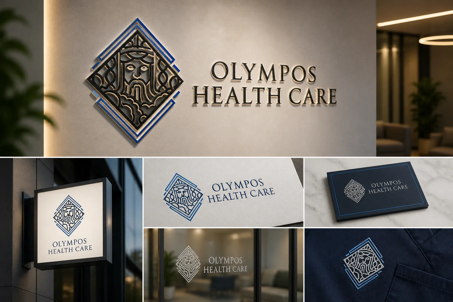 Olympos Health Care logosunun iç mekân tabelası, kartvizit ve medikal giyim üzerindeki kurumsal kimlik sunumu.