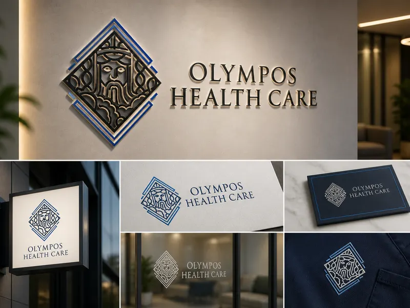 Olympos Health Care logosunun iç mekân tabelası, kartvizit ve medikal giyim üzerindeki kurumsal kimlik sunumu.
