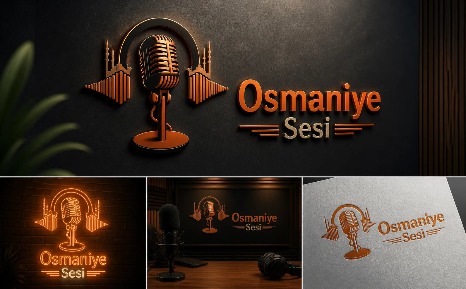 Osmaniye Sesi için tasarlanan mikrofon ve kulaklık temalı 3D duvar, neon ve kabartma logo mockup sunumu.