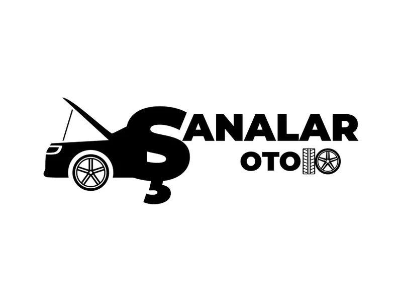 Beyaz zemin üzerinde kaputu açık araç silüeti ve jant detaylarıyla tasarlanmış siyah Şanalar Oto logosu.